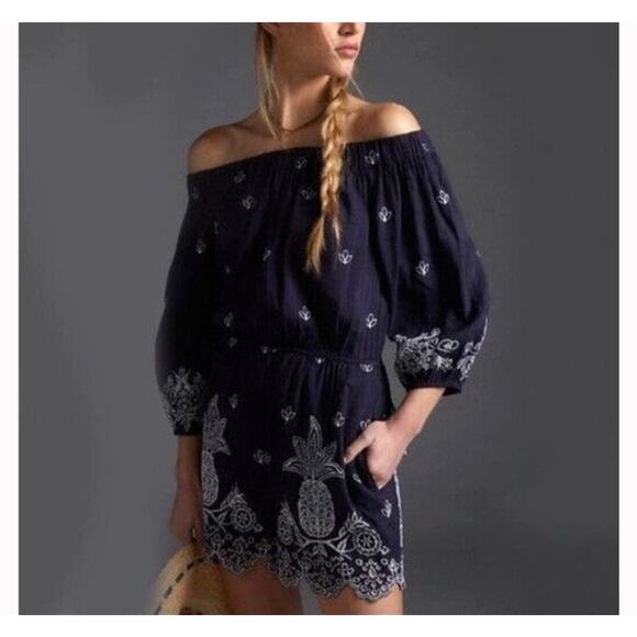 Farm Rio Navy Off the Shoulder Jackie Romper Long Sleeve White Eyelet Shorts XL - Picture 1 of 8
